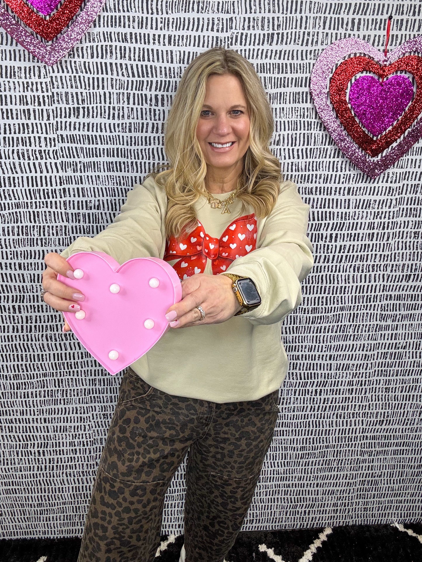 Red Bow White Hearts Tan Sweatshirt
