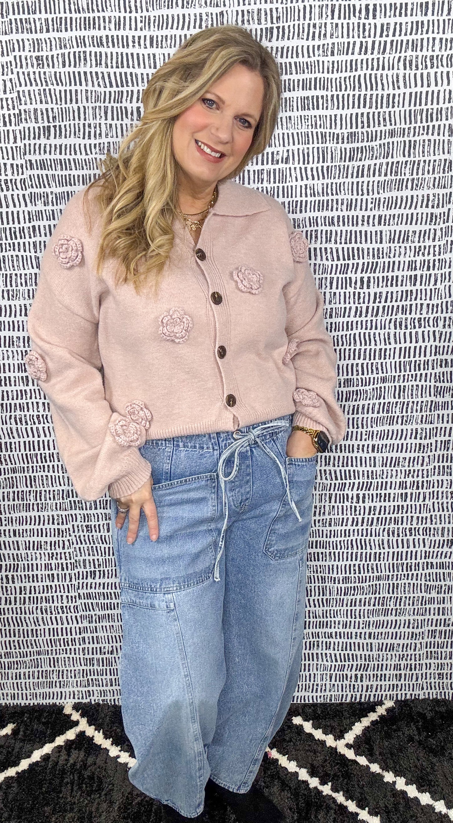 Floral Embroidery Button Down Collar Knit Cardigan