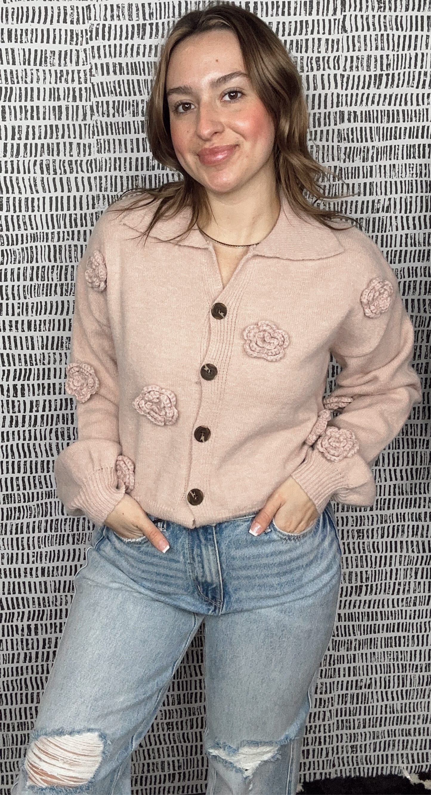 Floral Embroidery Button Down Collar Knit Cardigan