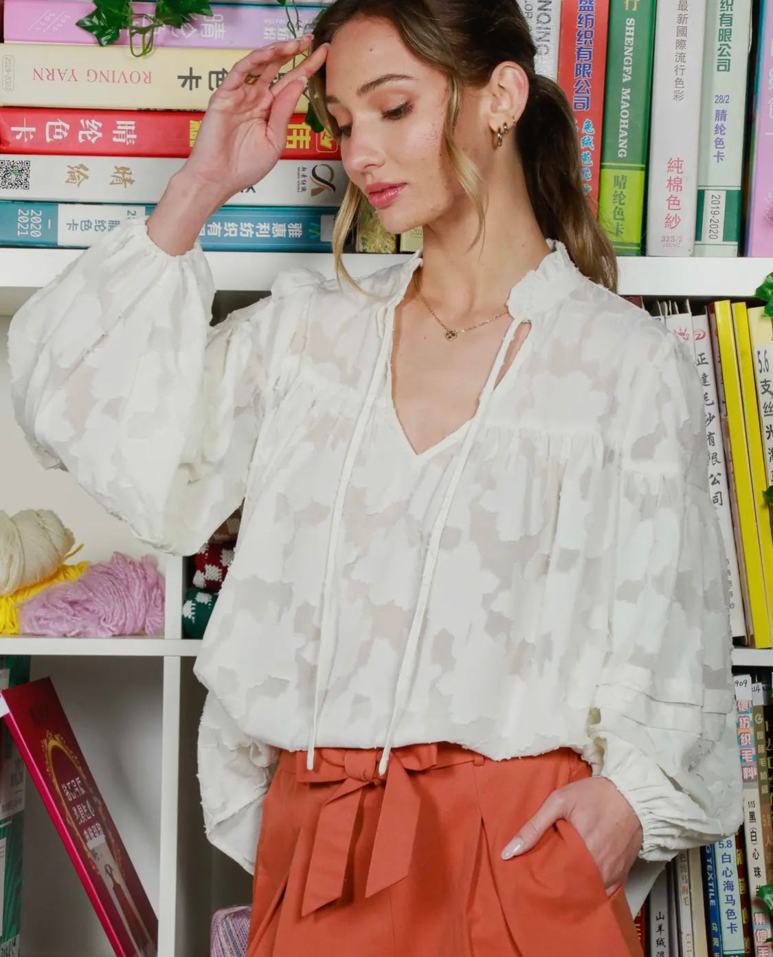 Ruffled Floral Jacquard Blouse