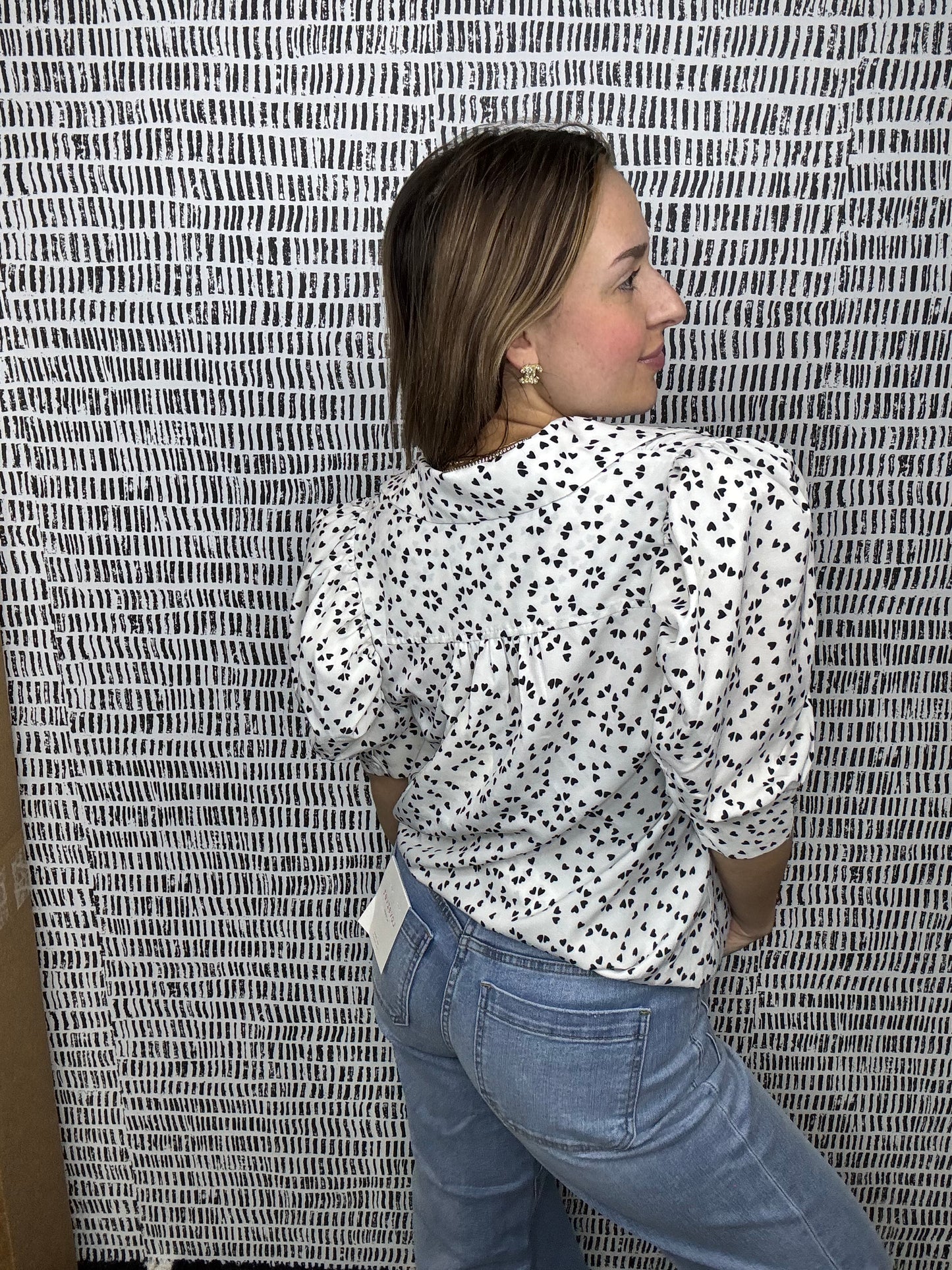 Puff Sleeve Hearts Printed Blouse