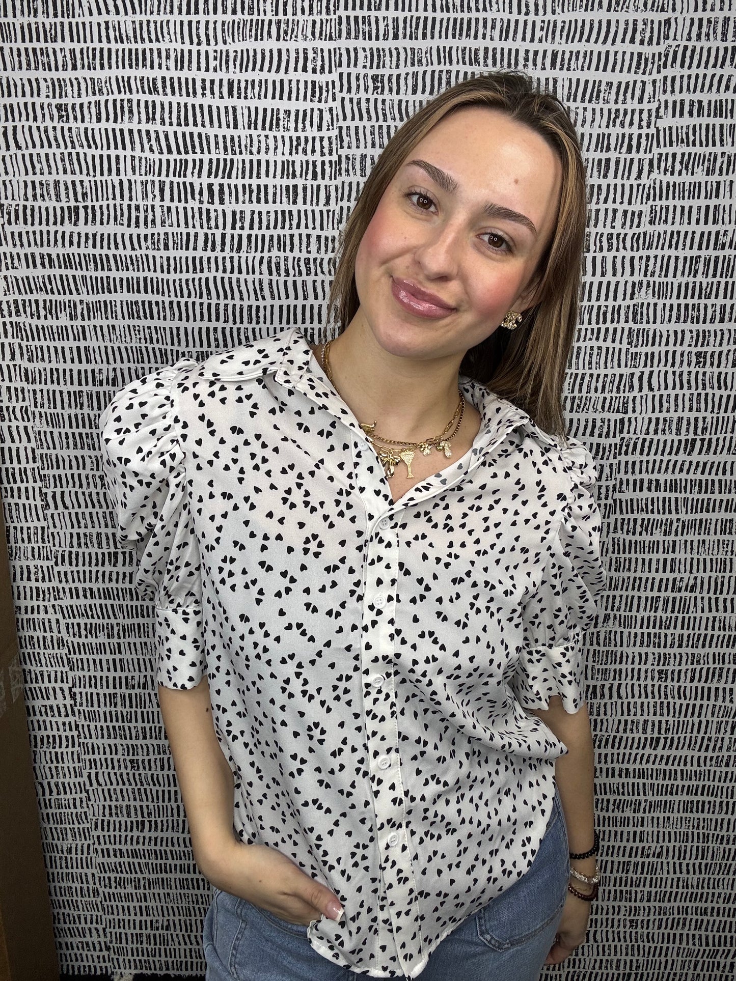 Puff Sleeve Hearts Printed Blouse