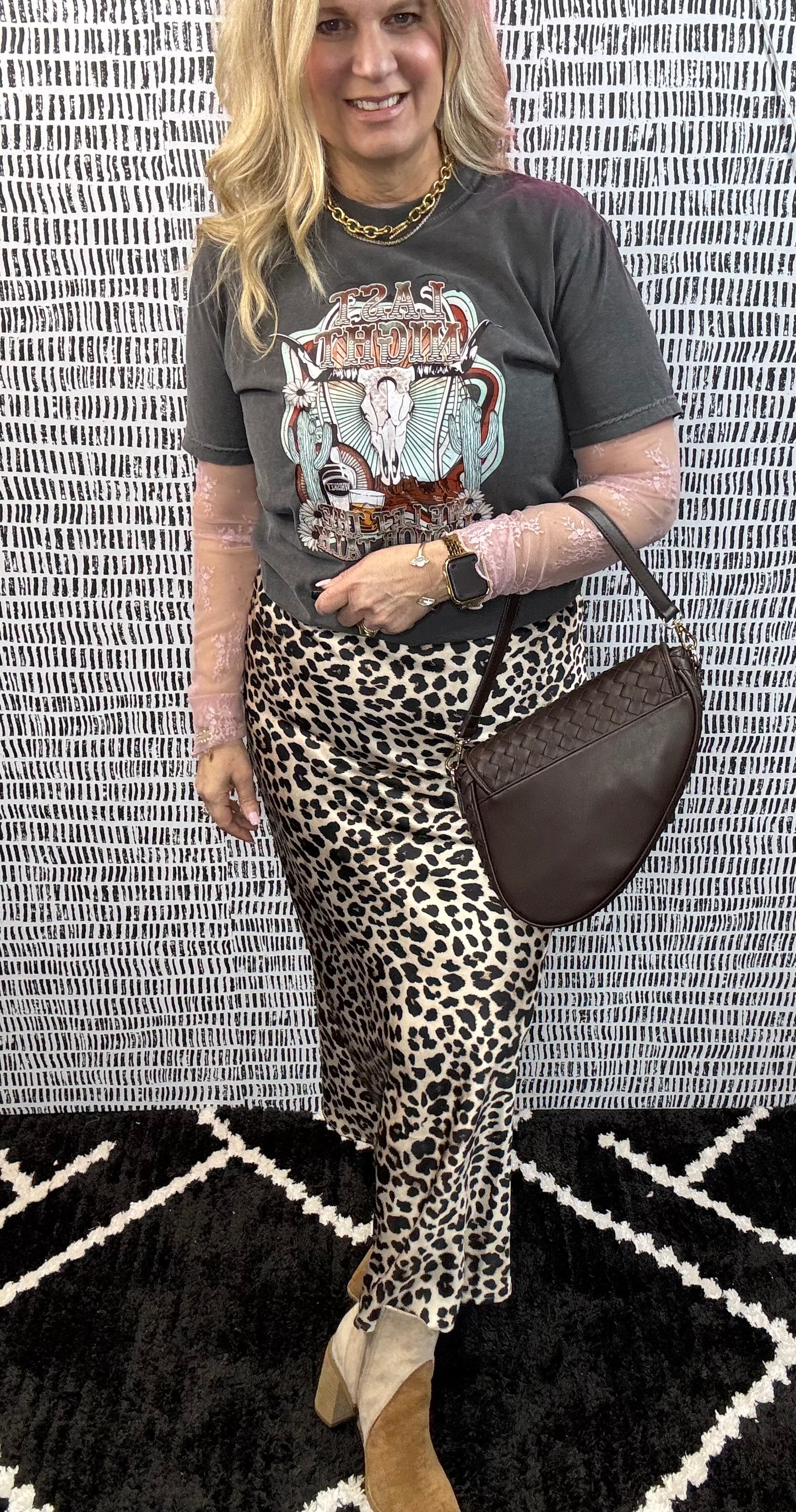 Leopard Satin Effect Midi Skirt w/ Lining