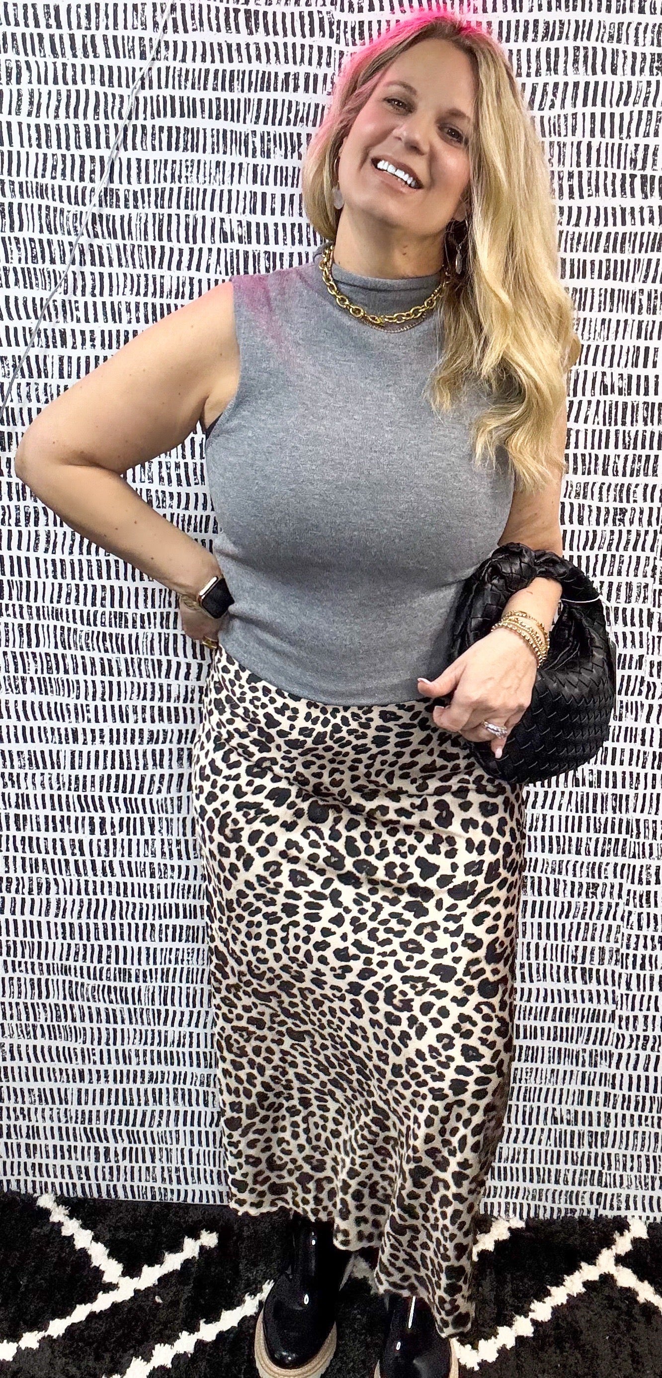Leopard Satin Effect Midi Skirt w/ Lining