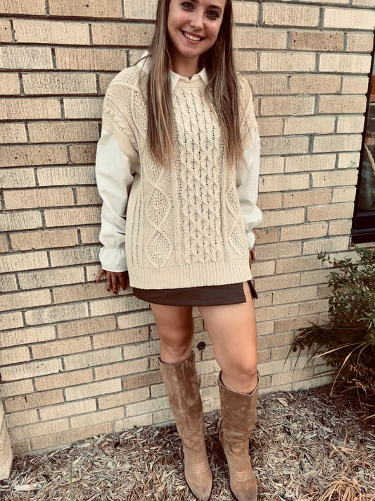 Cara Collared Cable Knit & Shirt Mix Top