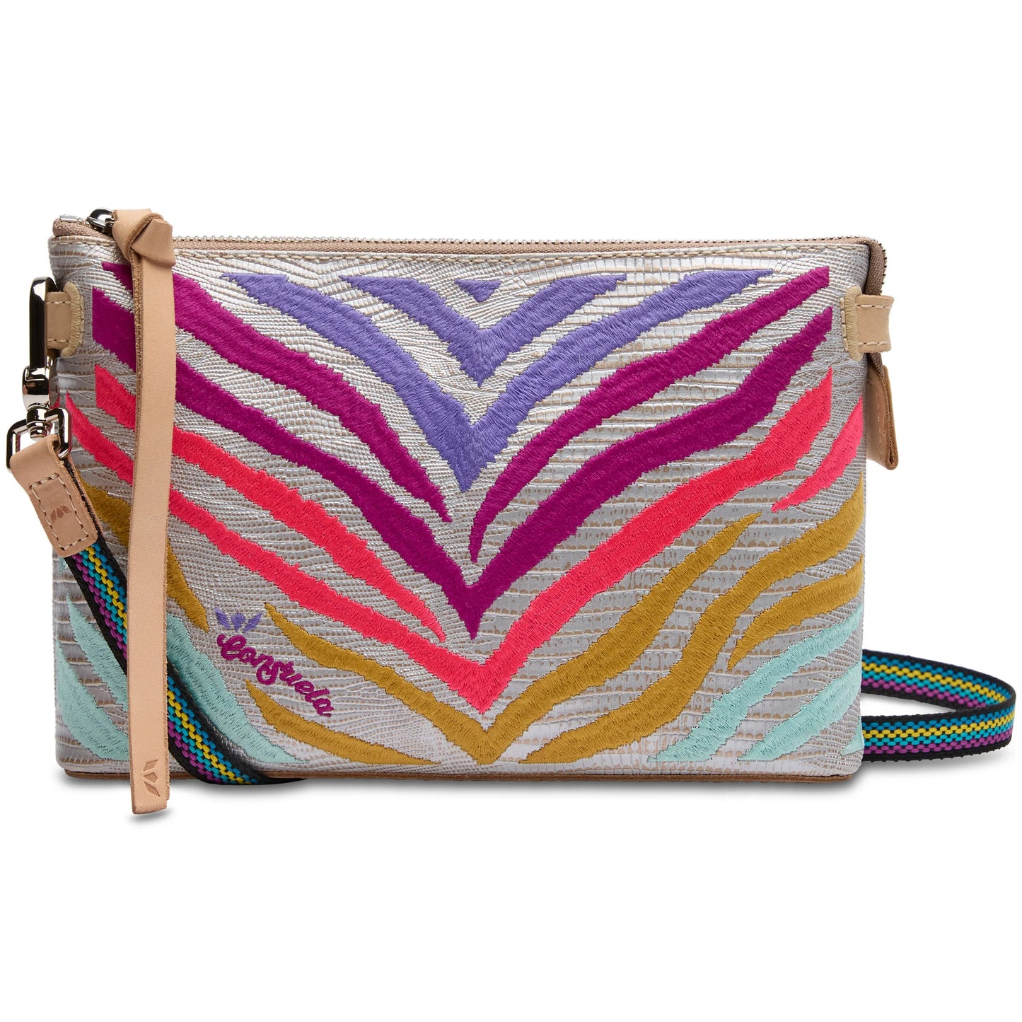 Consuela Midtown Crossbody with Multicolor Chevron tiger stripe Embroidery and colorful striped Strap