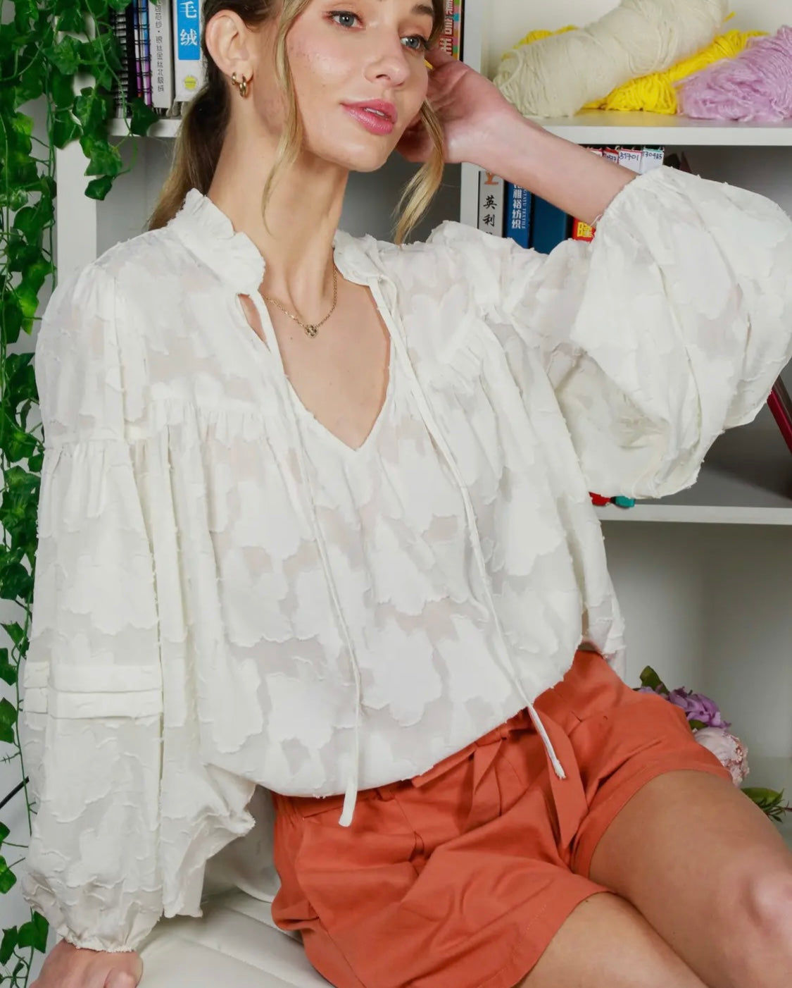 Ruffled Floral Jacquard Blouse