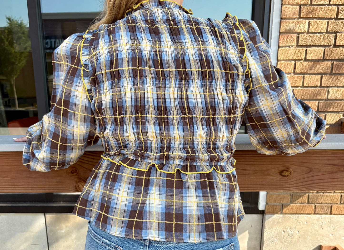 Penelope Smocked Plaid Bow Blouse
