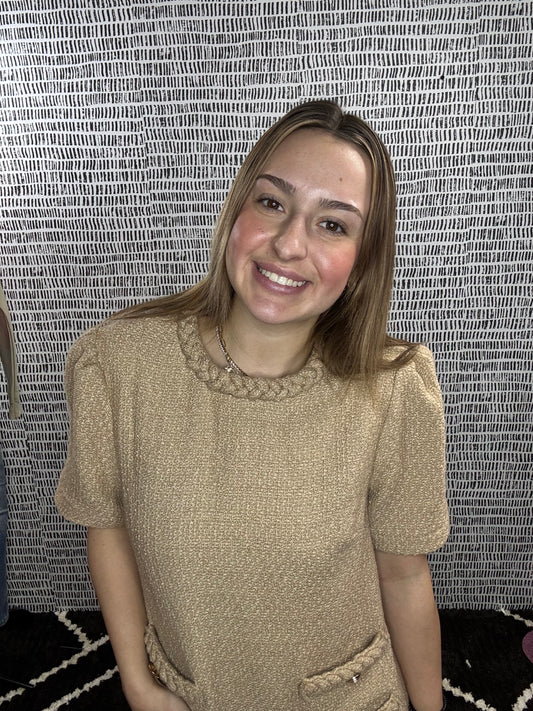 Braid Neck Pocket Tweed Dress