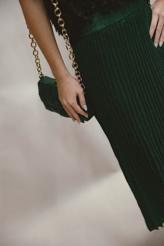 Faith Pleated Metallic Knit Midi Skirt