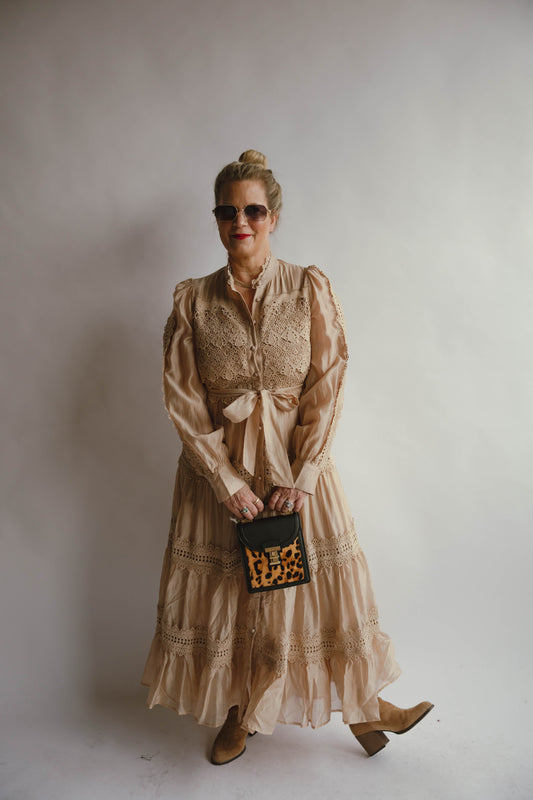 Angelina Crochet-style Lace Panel Satin Midi Dress