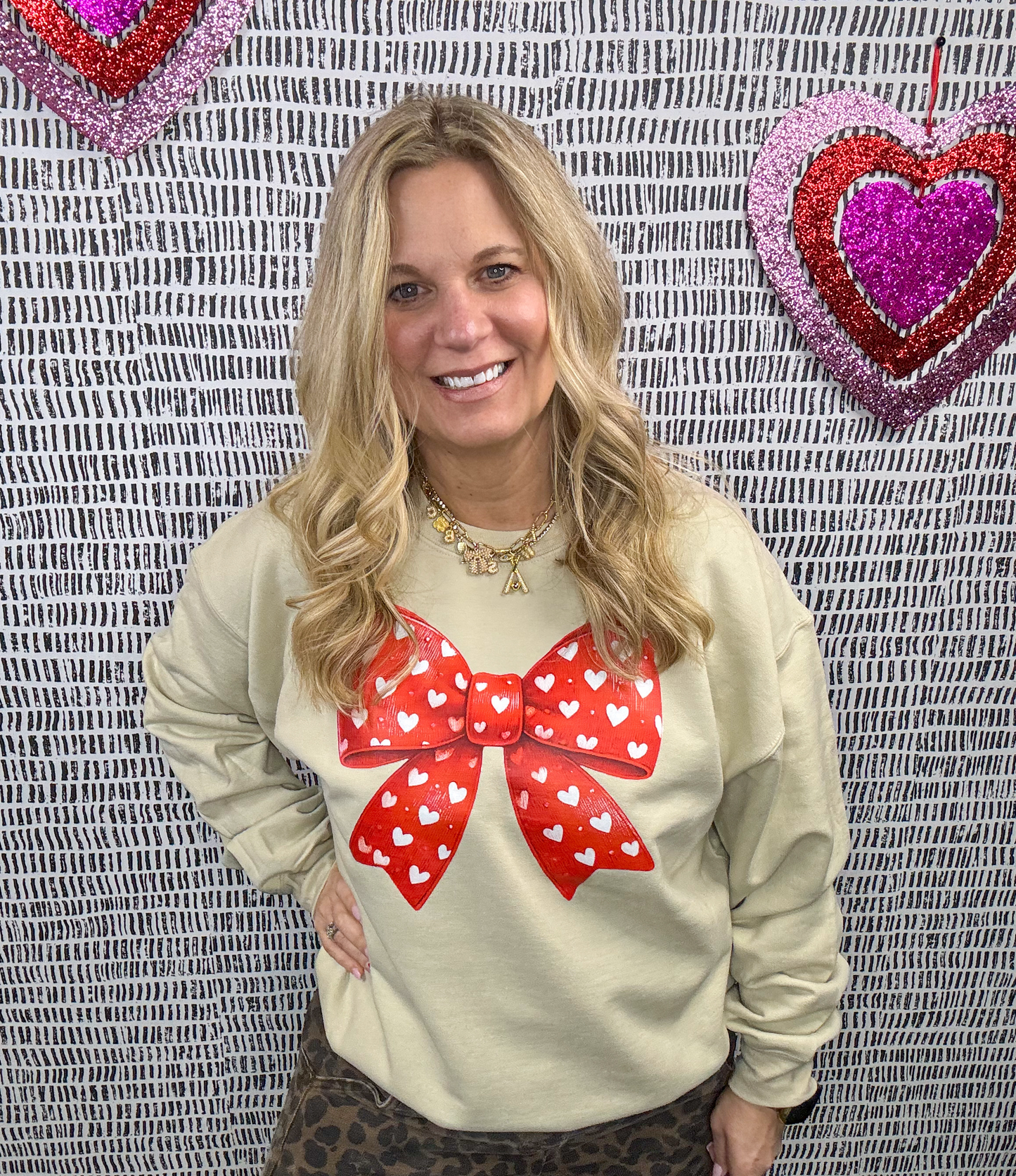 Red Bow White Hearts Tan Sweatshirt