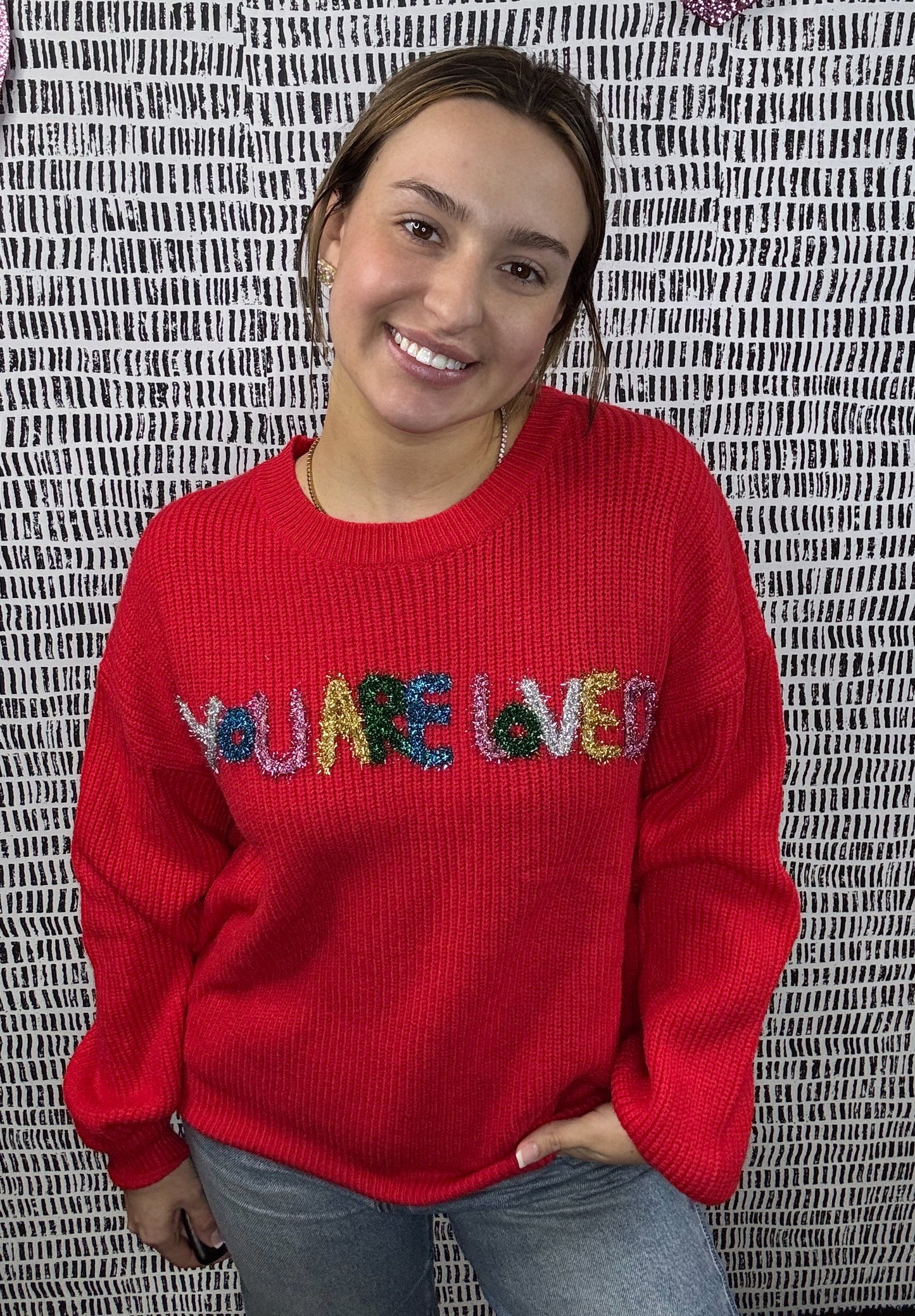 YOU ARE LOVED Sparkle Multi Letter Sweater