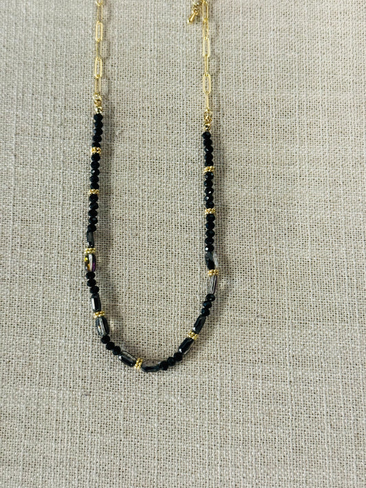 Gold Mini Paperclip Necklace w/ Black beads
