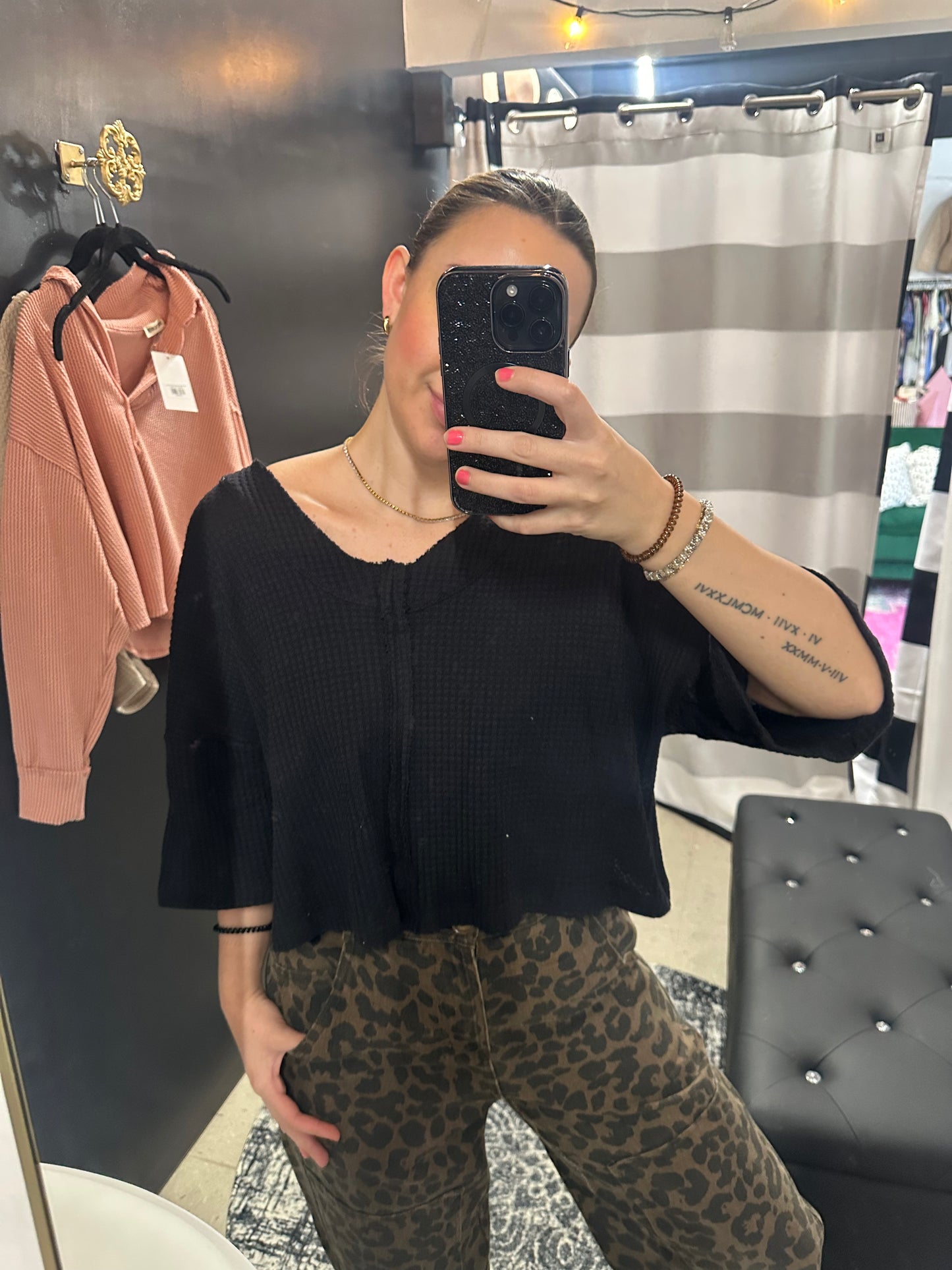 V-Neck Cropped Waffle Top