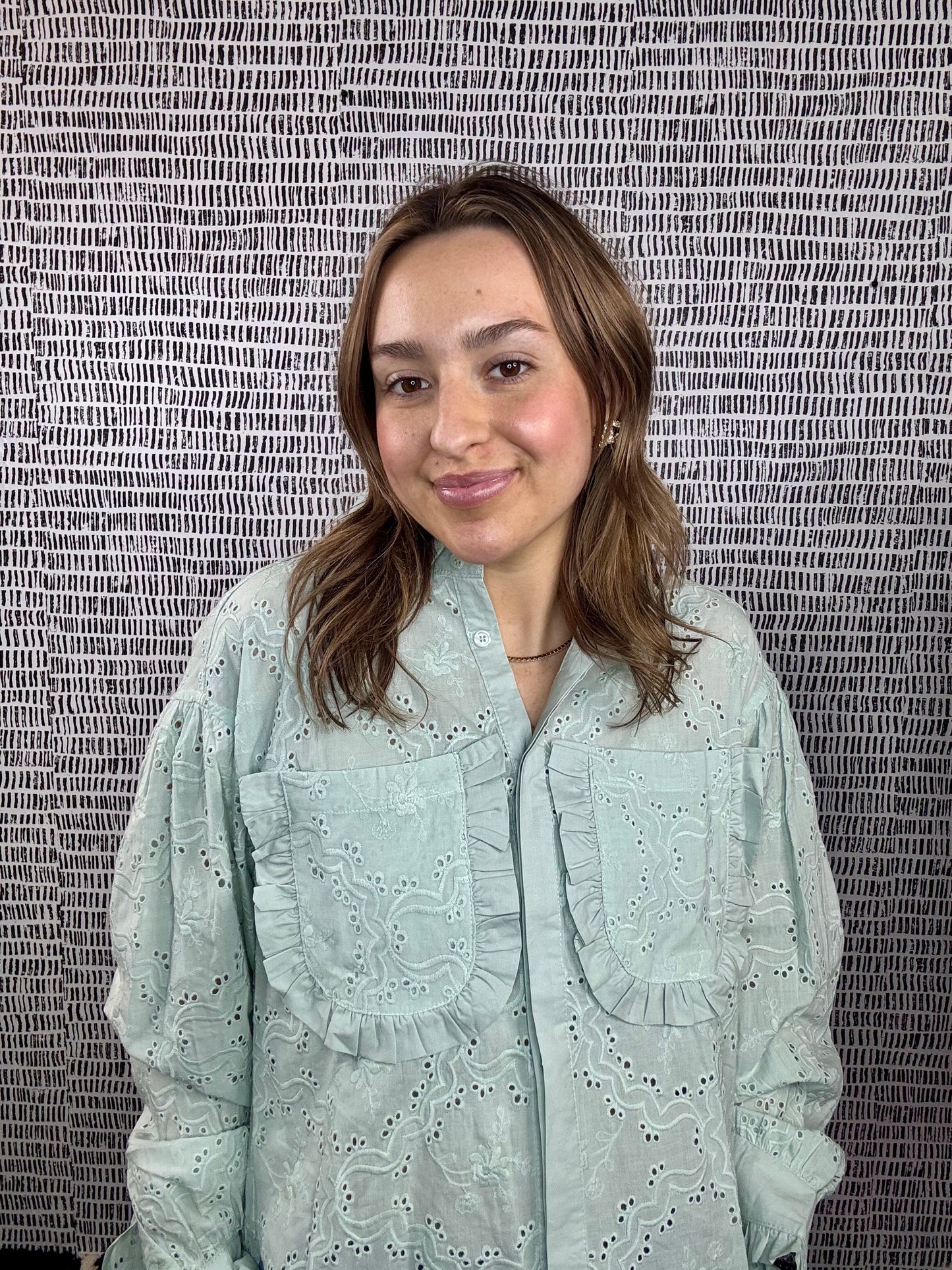Eyelet Ruffle Pocket Button Up Blouse