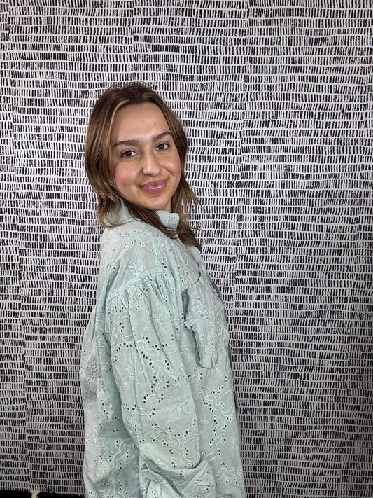 Eyelet Ruffle Pocket Button Up Blouse