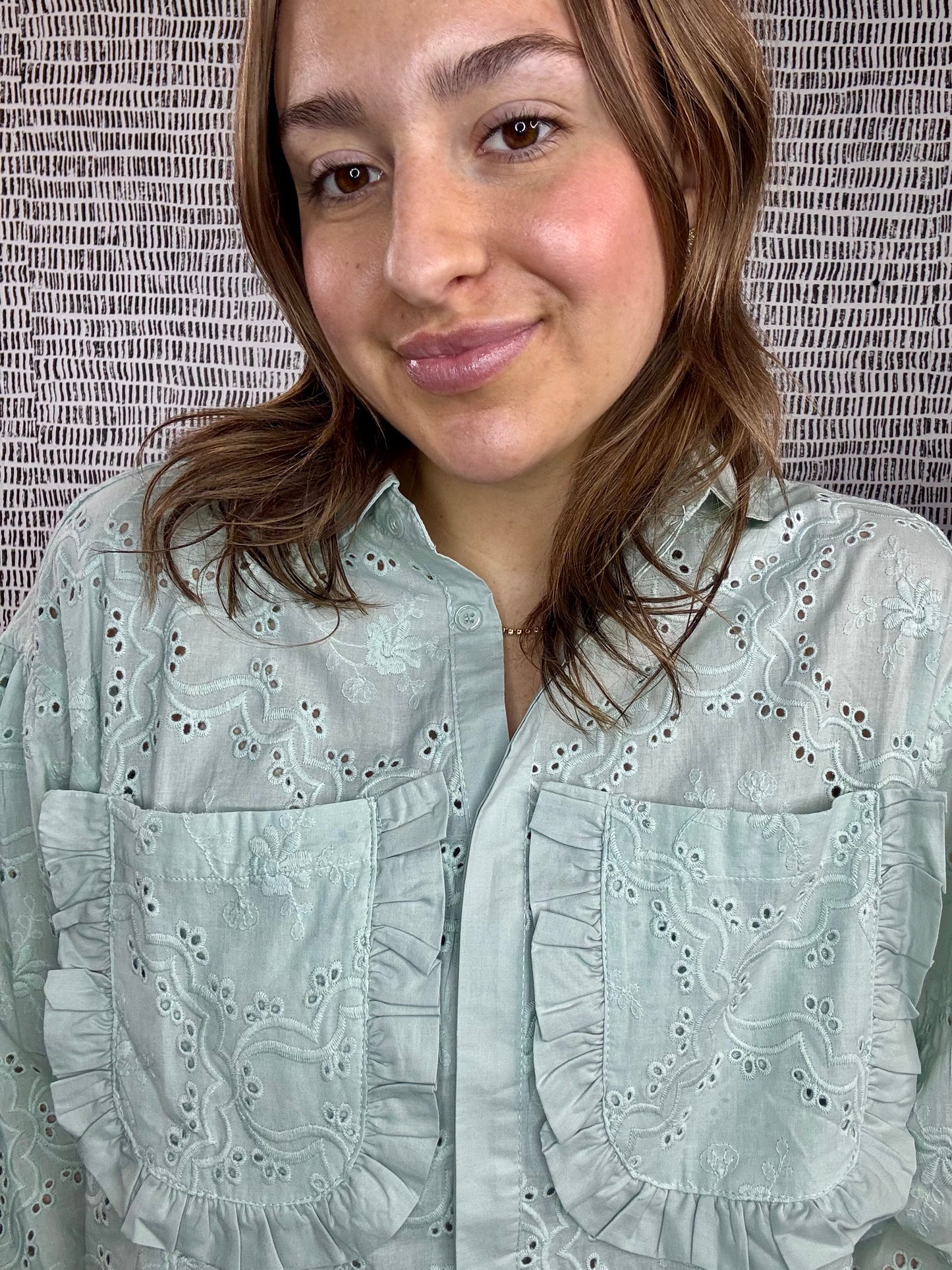 Eyelet Ruffle Pocket Button Up Blouse