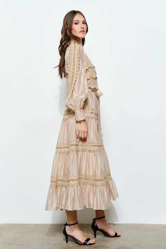 Angelina Crochet-style Lace Panel Satin Midi Dress