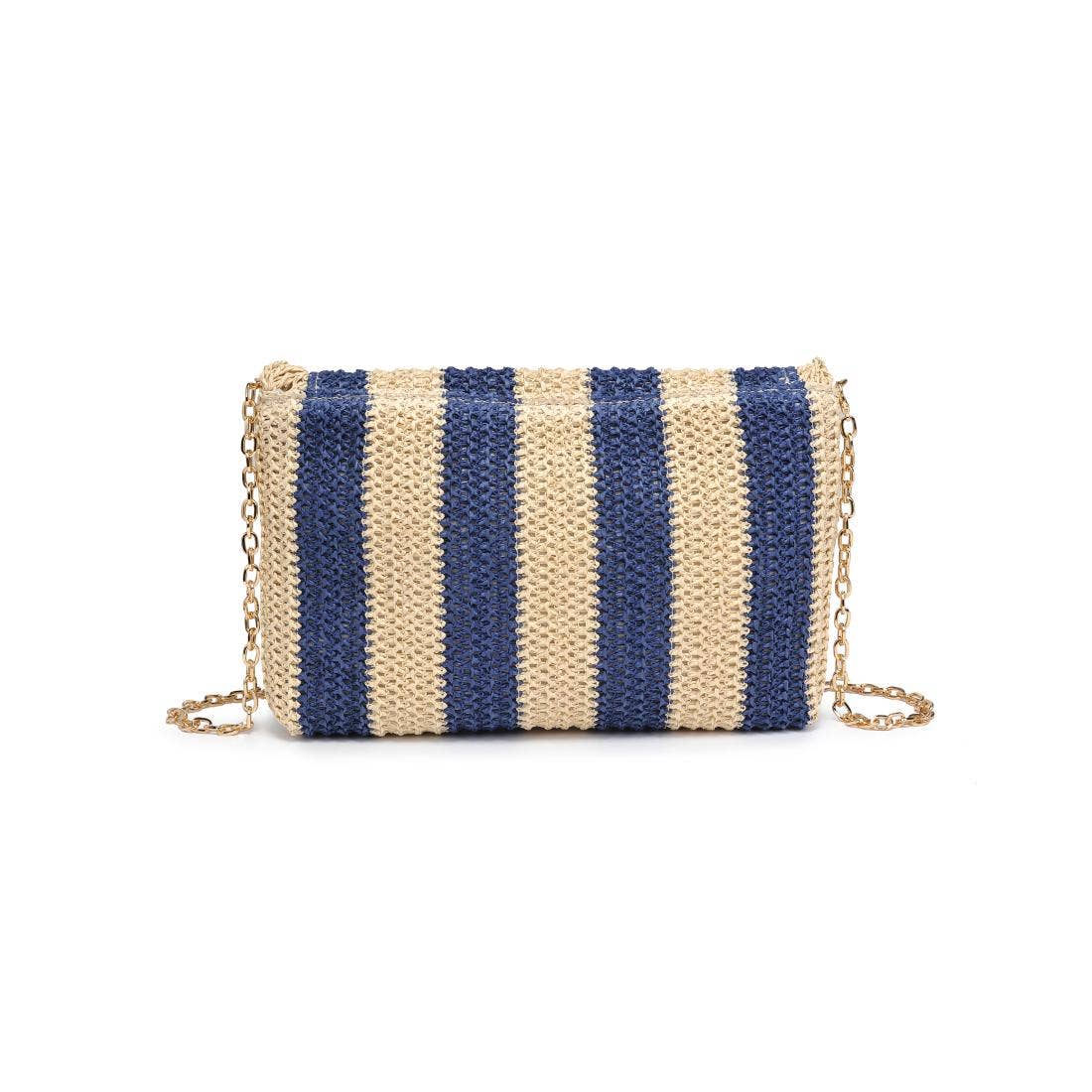 Back view of blue and beige striped straw clutch bag with gold chain strap – perfect summer accessory from Erin Rose Boutique