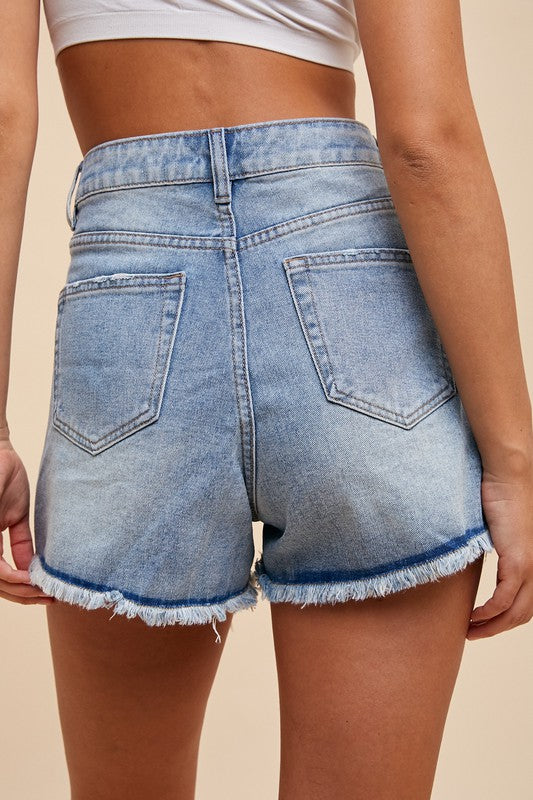 Back view of distressed denim shorts with frayed hem and classic pockets.