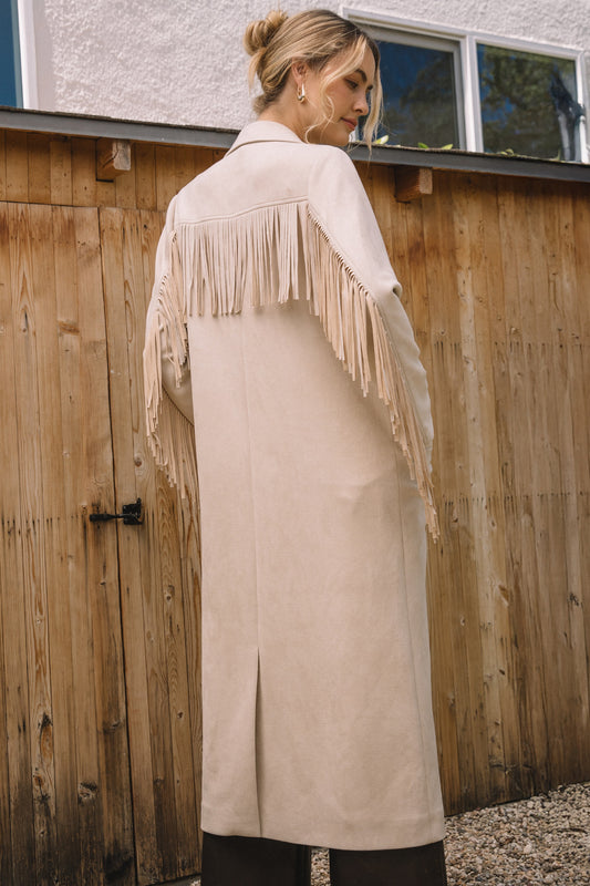 Harper Faux Suede Fringe Detail Maxi Coat