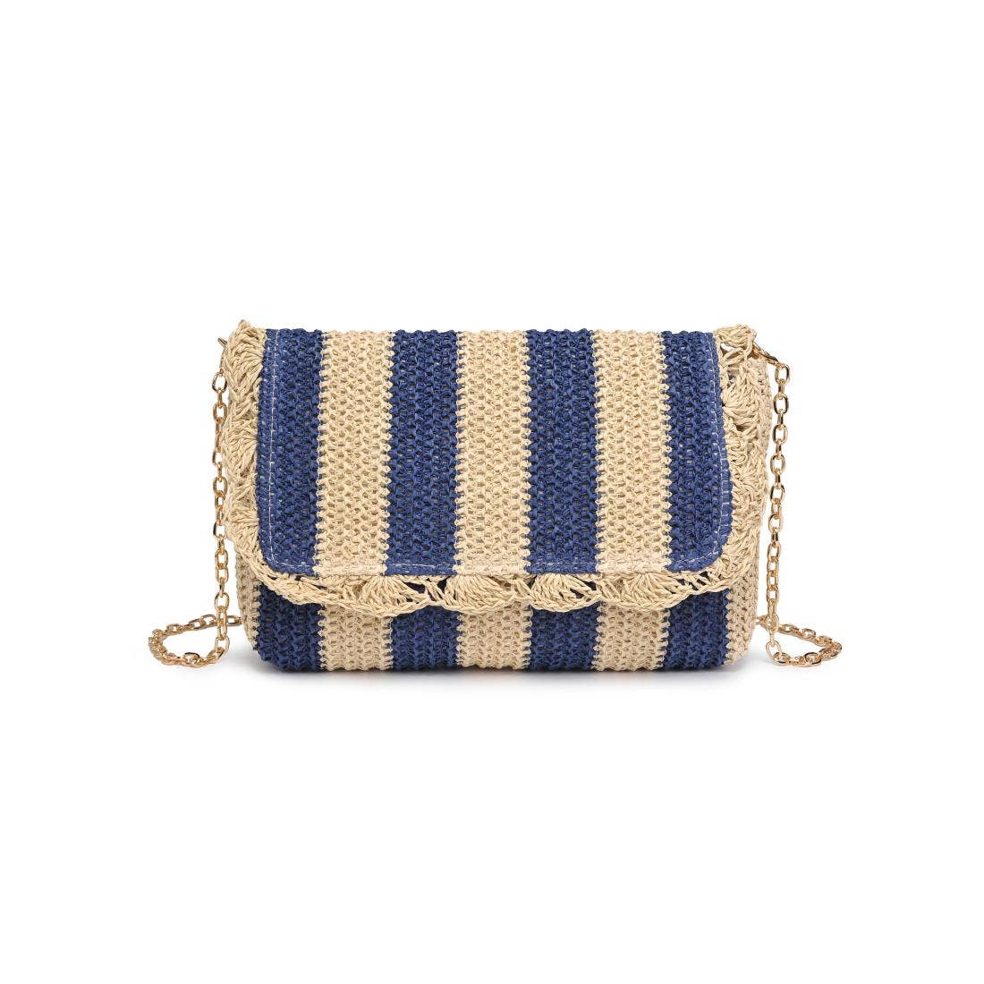 Blue and beige straw crossbody bag with vertical stripes and gold chain strap – Erin Rose Boutique summer accessory