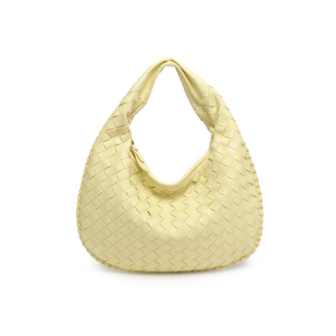 Front view of butter yellow woven hobo bag with soft braided texture and slouchy shape – Erin Rose Boutique