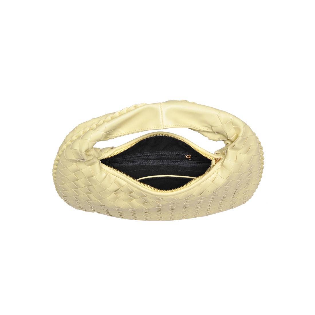 Interior view of butter yellow woven hobo bag showing zippered pocket and spacious black lining – Erin Rose Boutique.