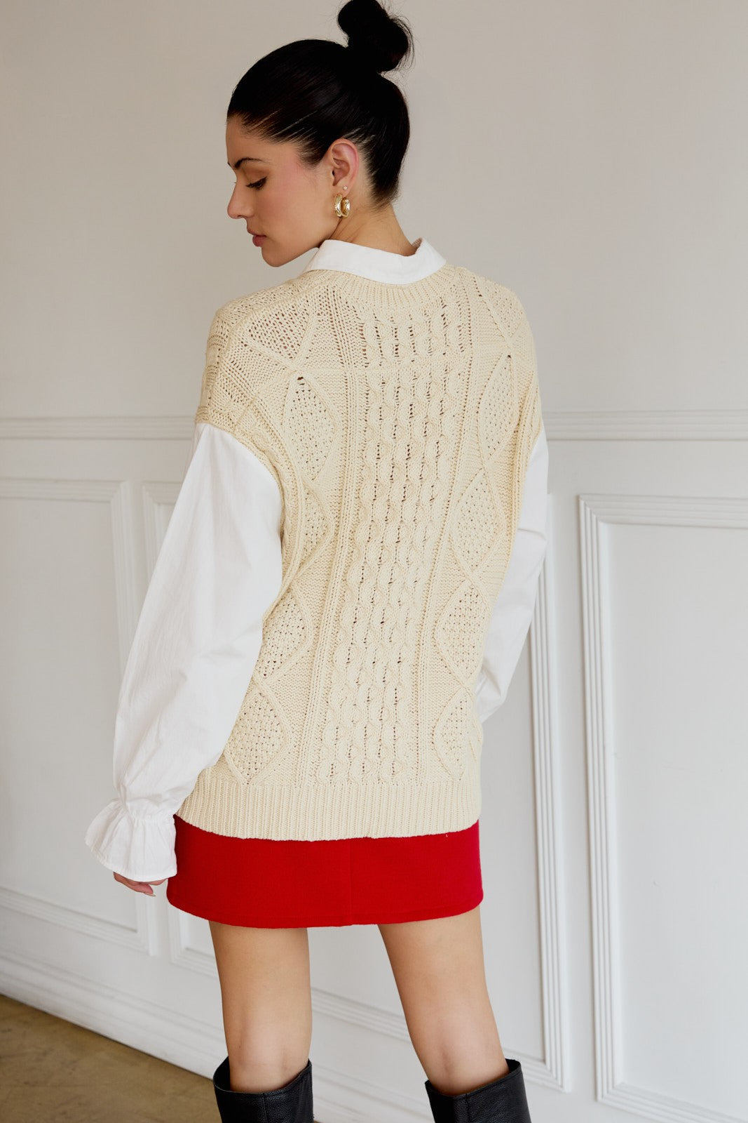 Cara Collared Cable Knit & Shirt Mix Top