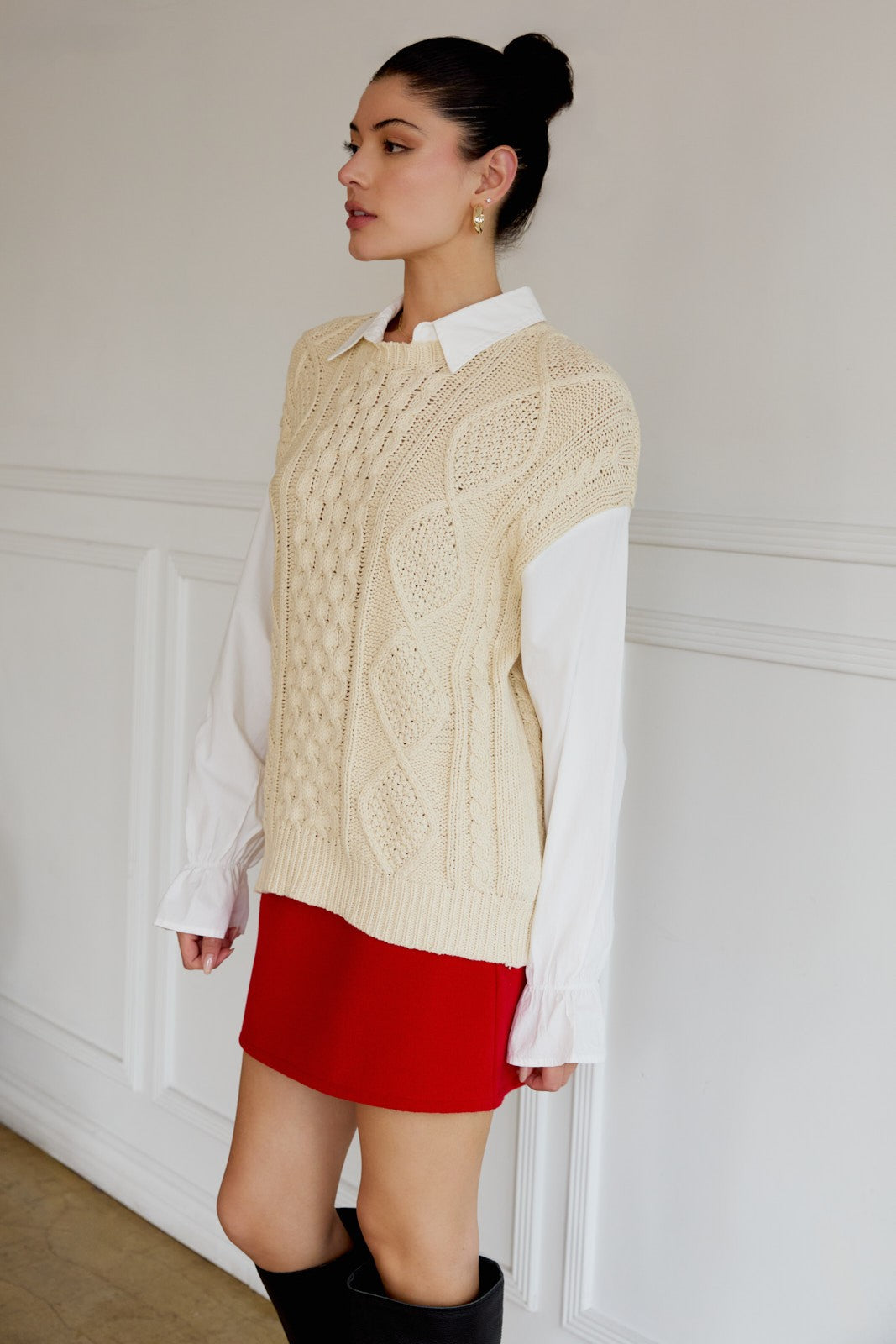 Cara Collared Cable Knit & Shirt Mix Top