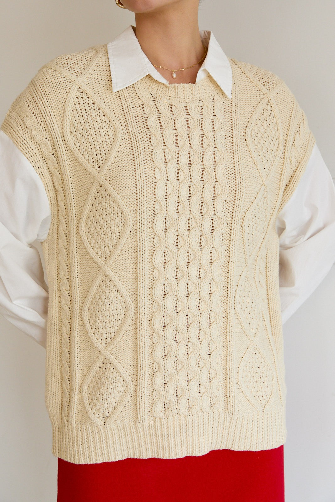 Cara Collared Cable Knit & Shirt Mix Top
