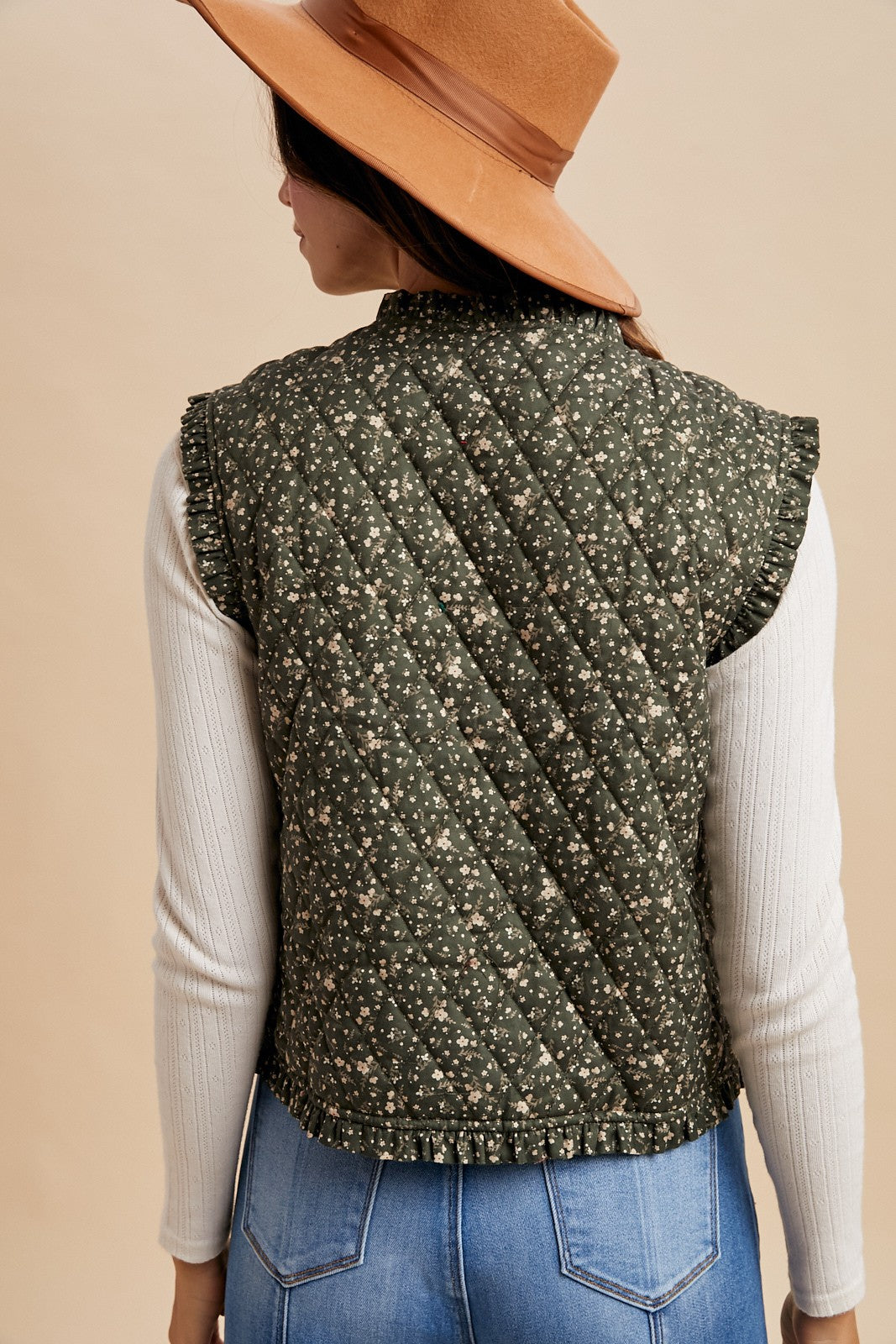 Ditsy Print Ruffle Detail Quilted Vest