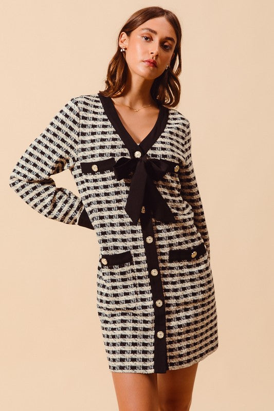 Ribbon Plaid Tweed Button Dress