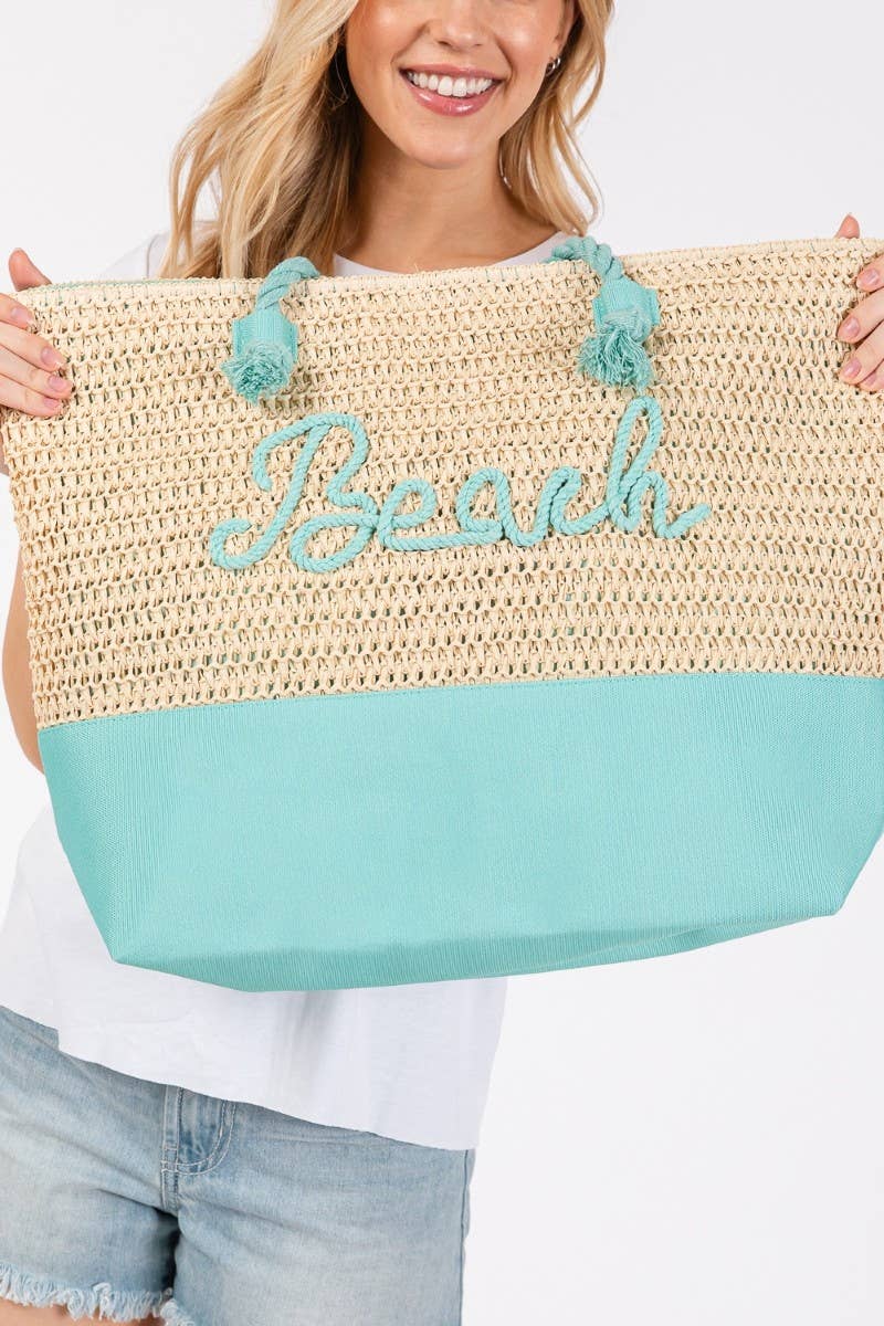 Large Beach Print Braided Tote Bag