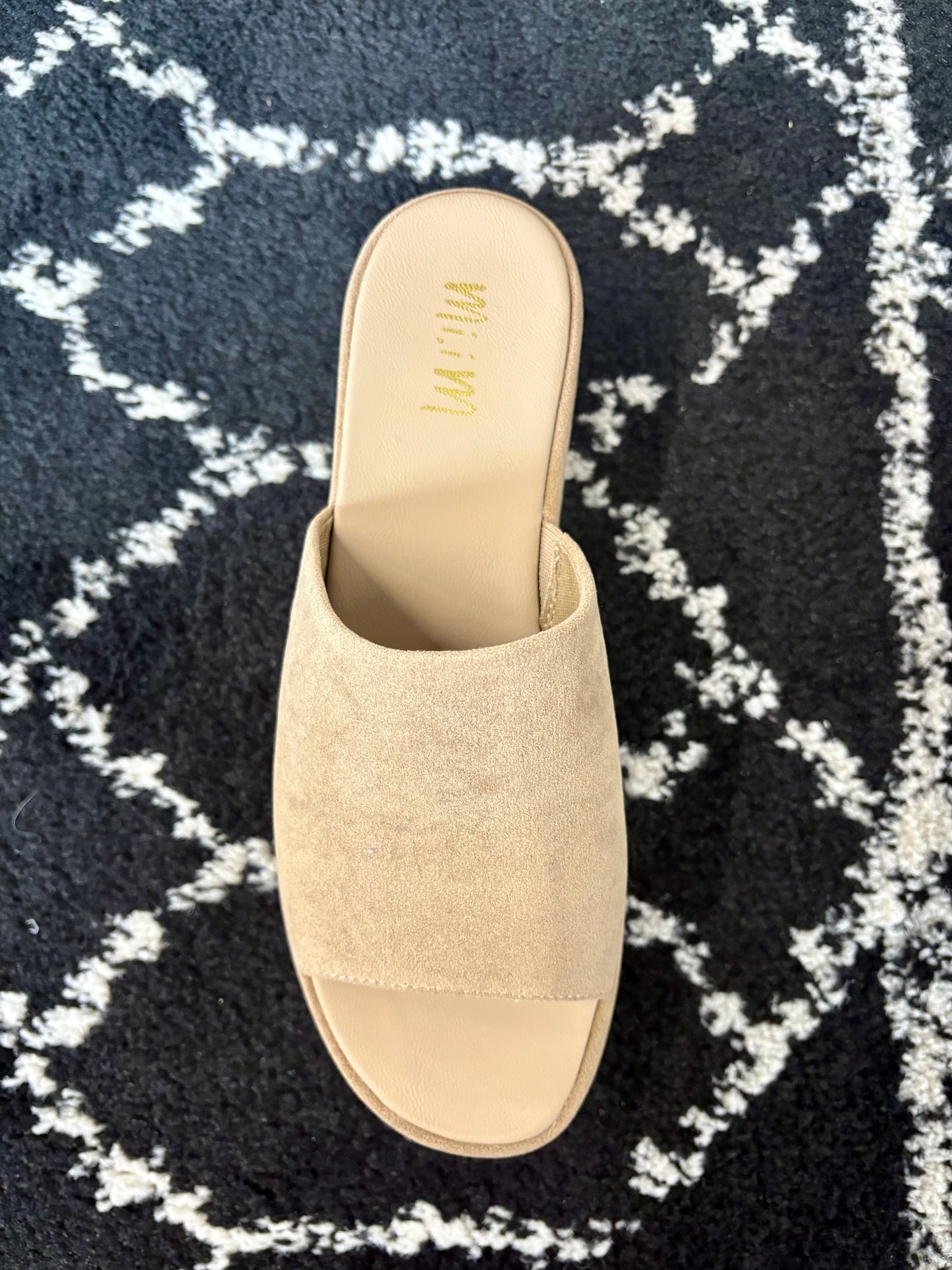Top view of the Hazel Platform Slide sandal in tan faux suede, showing the open toe and cushioned insole