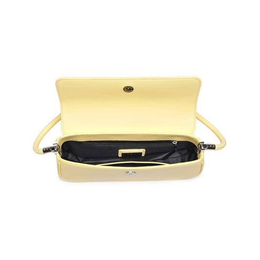 Open view of yellow baguette shoulder handbag with black interior lining and zip pocket – Erin Rose Boutique