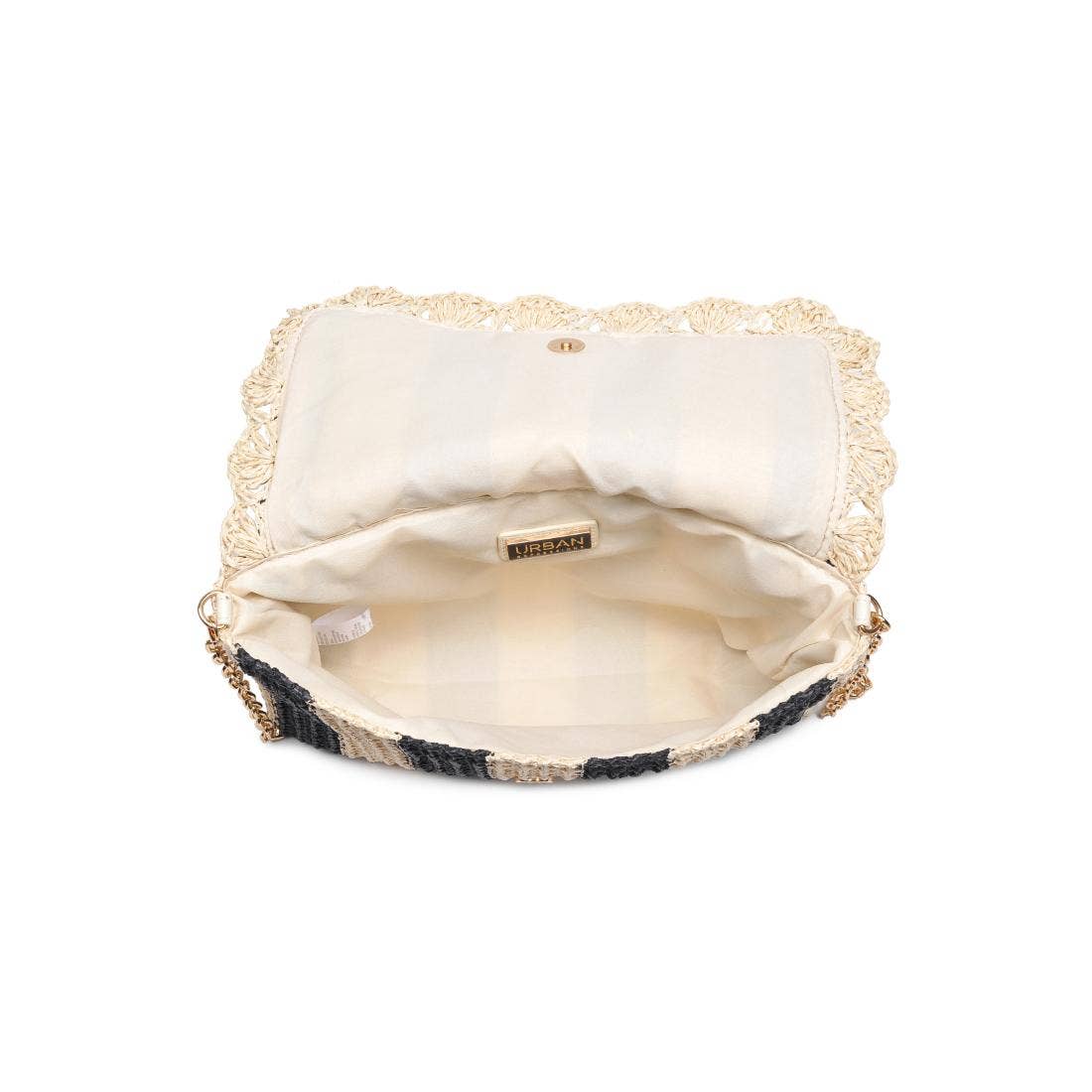 Interior view of blue and beige striped straw clutch bag with natural striped fabric lining and gold chain strap – Erin Rose Boutique