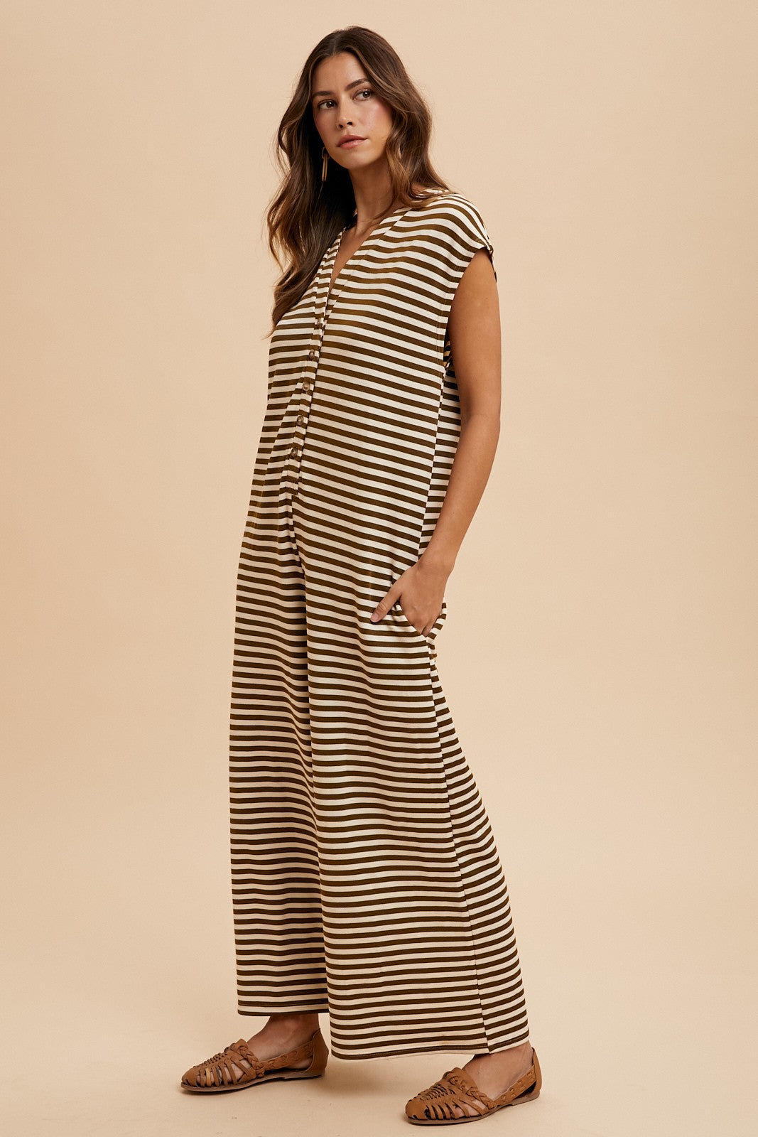 Khloe Knit Stripe Wide Leg Button Down Jumpsuit
