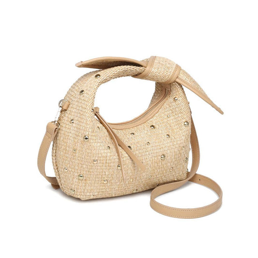Neutral raffia hobo crossbody bag with gold stud details and knotted handle, shown with removable crossbody strap.