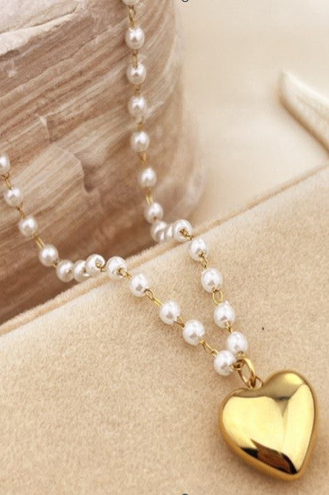 18K Stainless Steal Pearl Chain w/ Heart Pendant Necklace