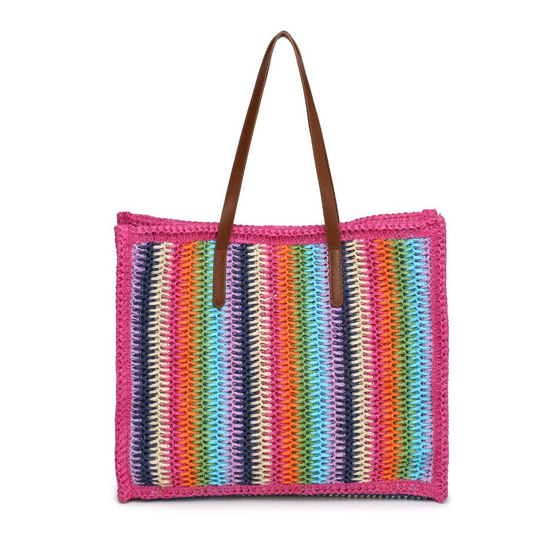 Colorful Candi straw crochet beach tote bag with pink trim and brown shoulder straps from Erin Rose Boutique