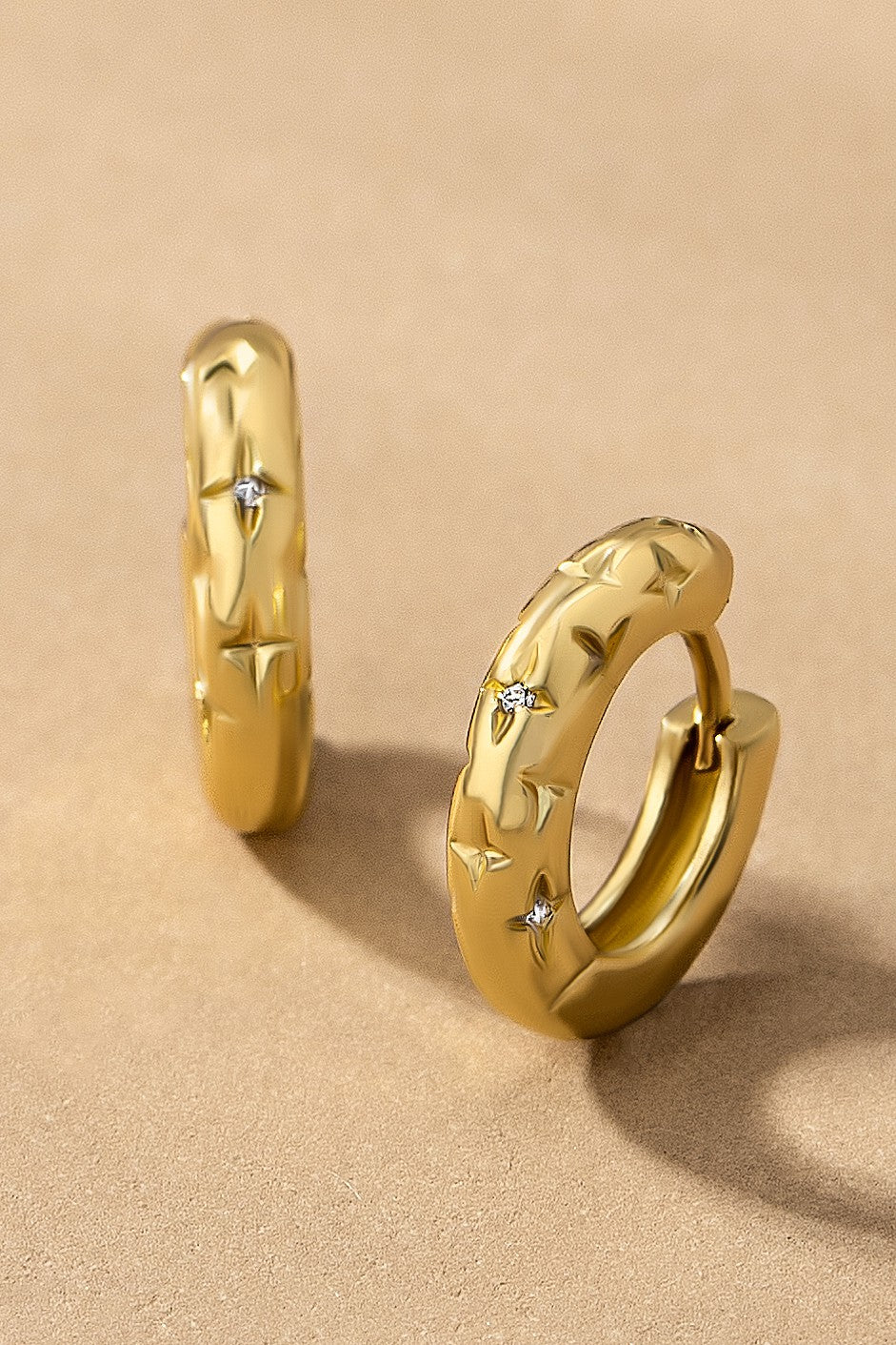 18k Plated Engraved Star and Rhinestone Water-Proof Huggie Hoops