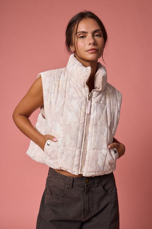 Neutral Pink Camo Reversible Cropped Puffer Vest