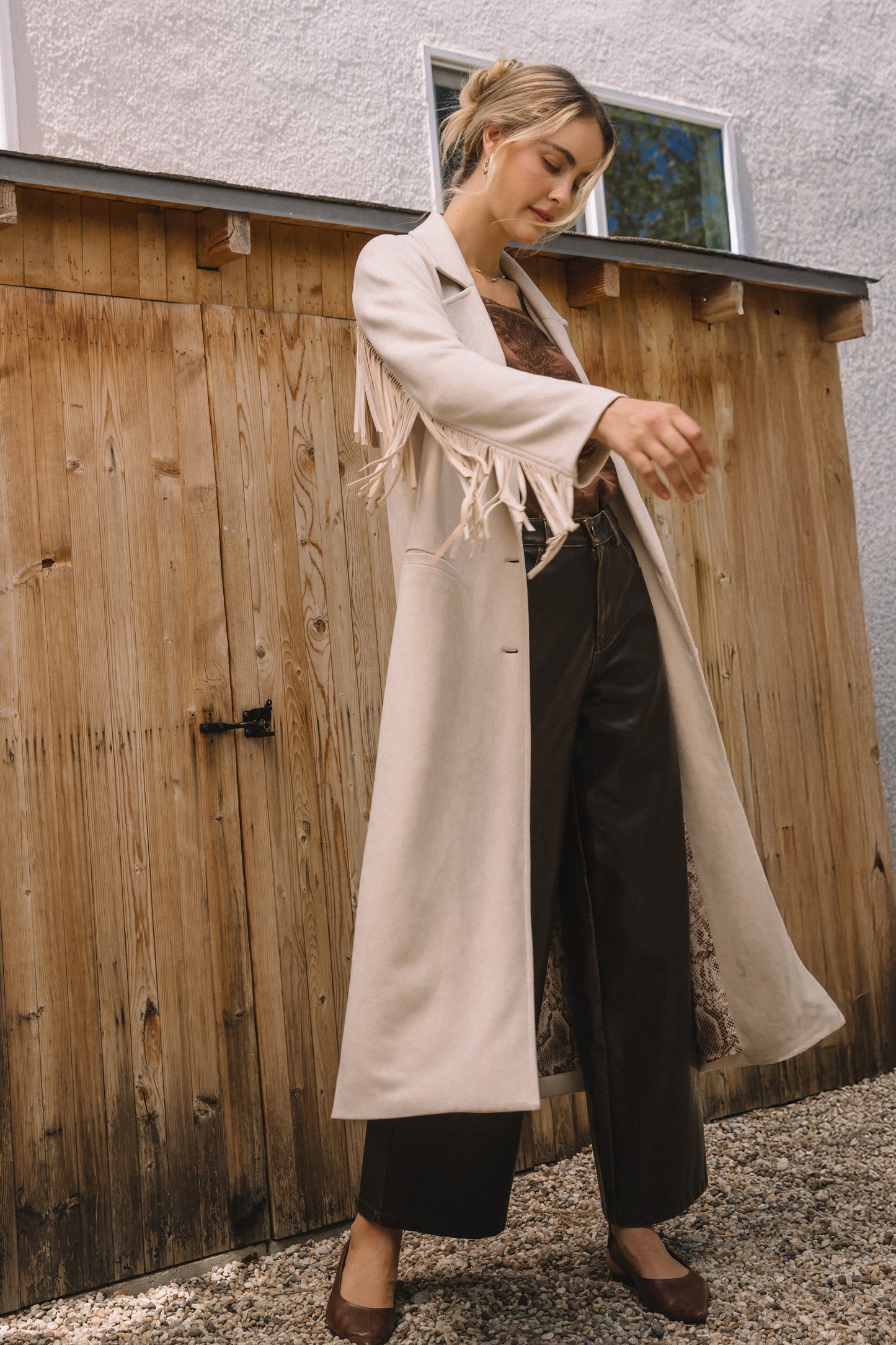 Harper Faux Suede Fringe Detail Maxi Coat