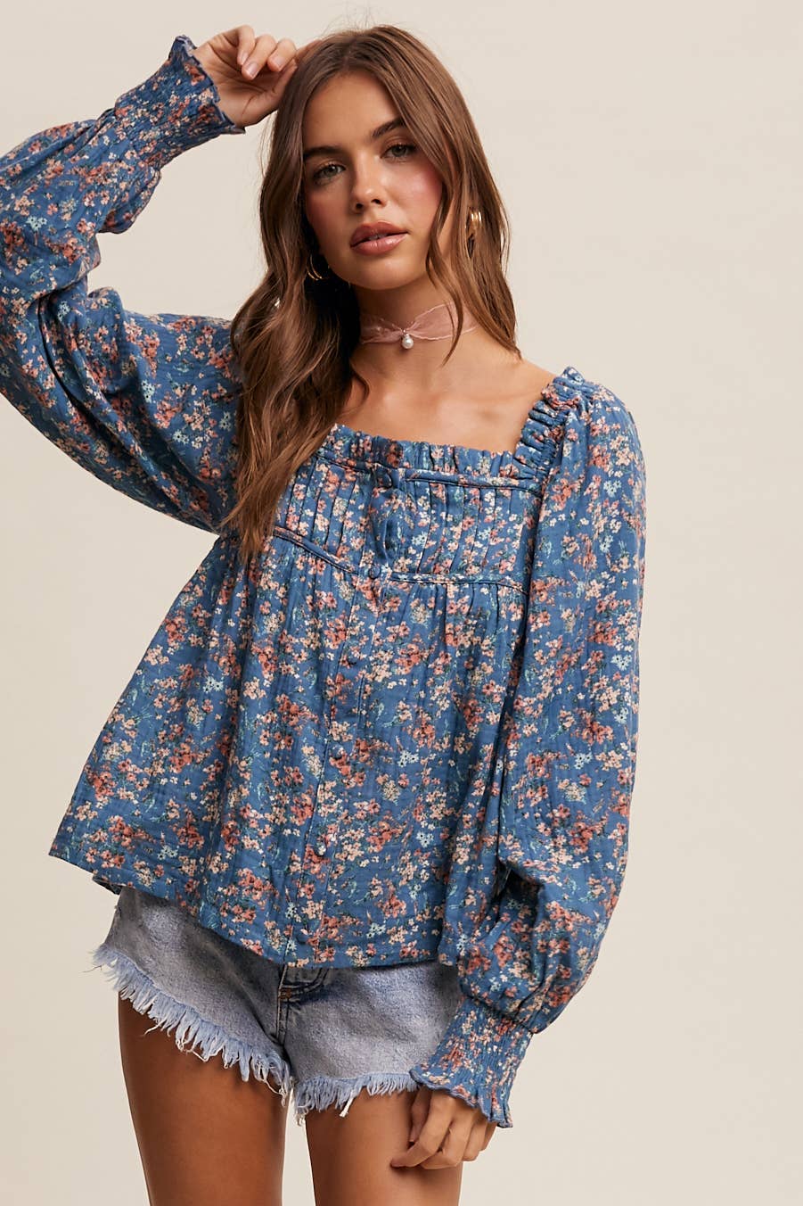 Janelle Square-Neck Floral Print Blouse