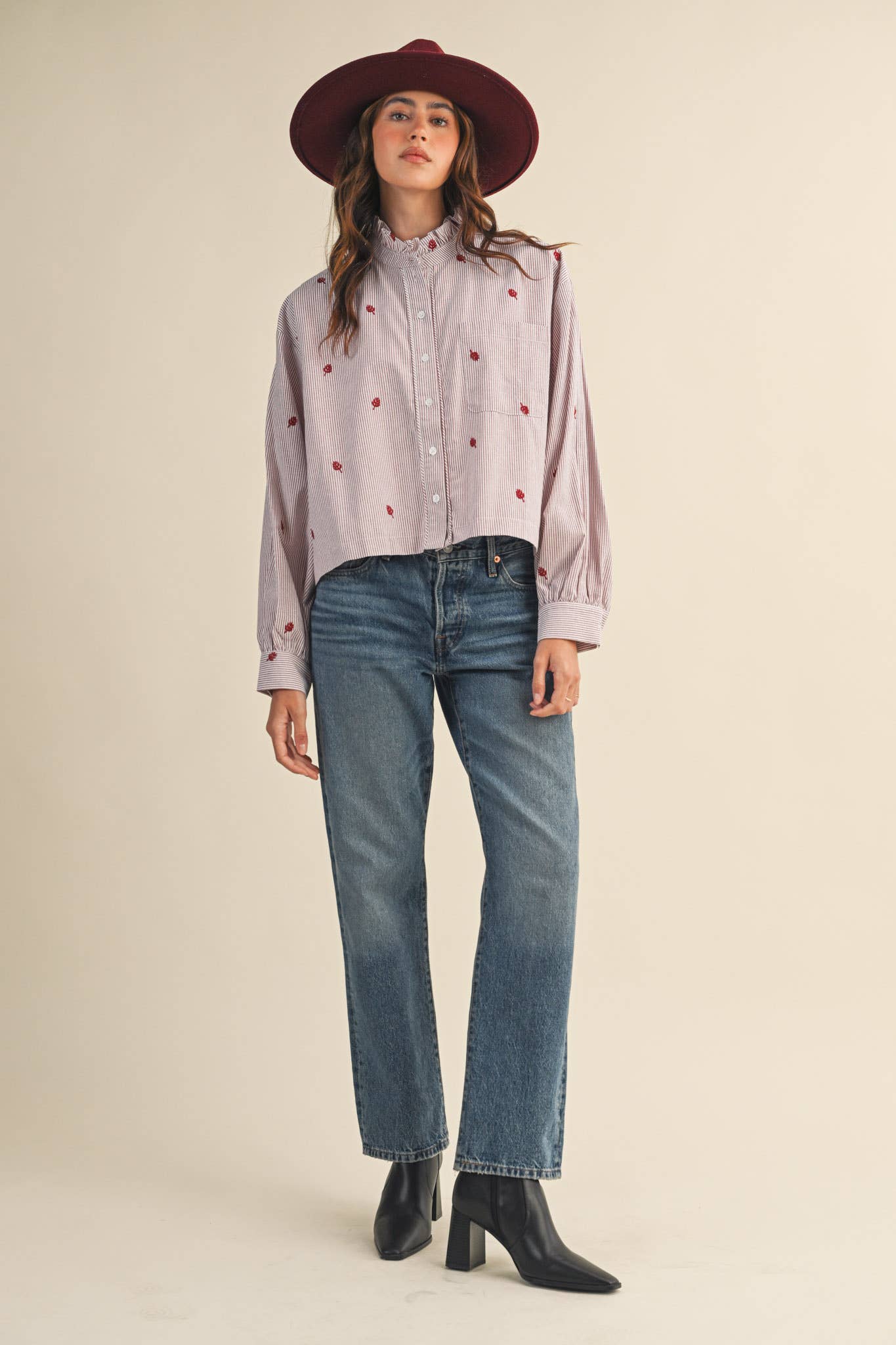 Bradley Embroidered Mock Neck Striped Button Up