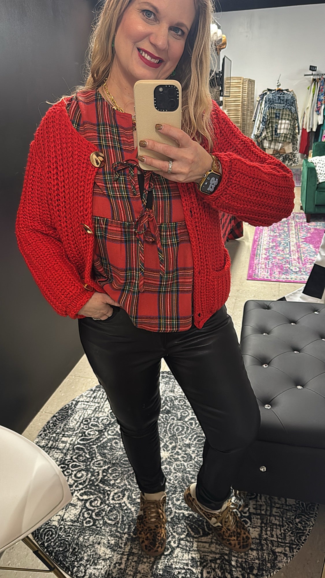 Front Tie Xmas Plaid Blouse