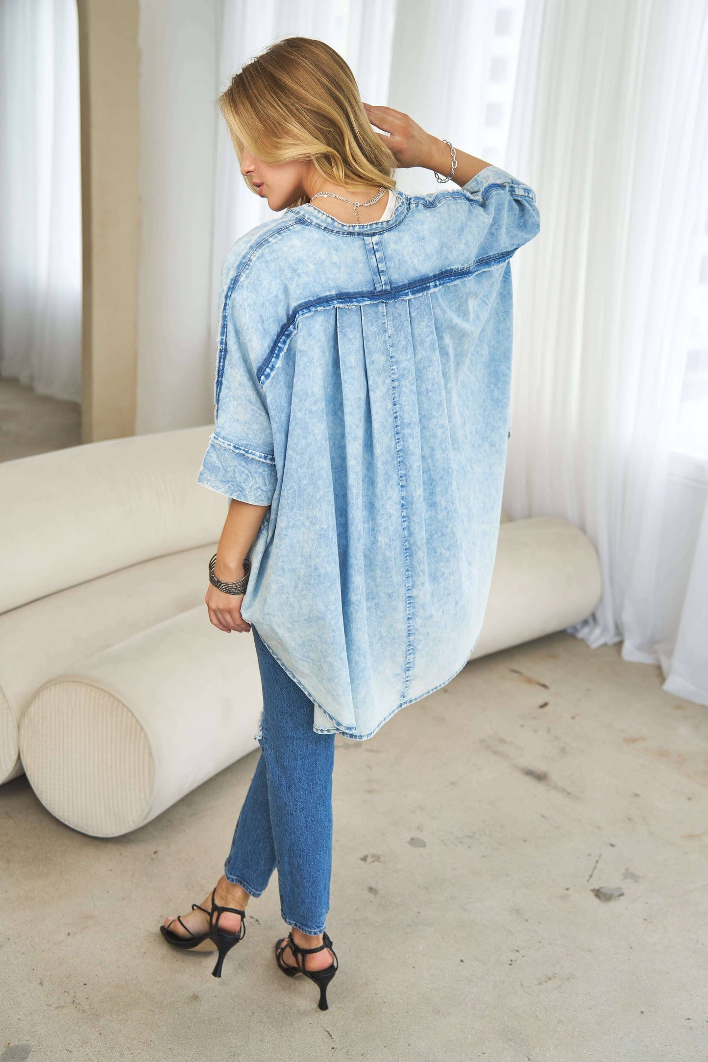 Plus Washed Denim Stand Collar Oversized Shirt