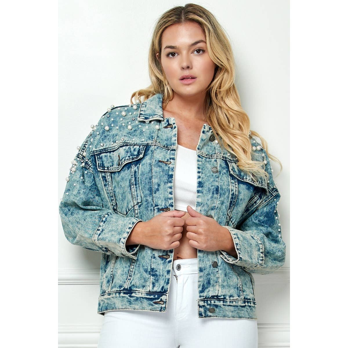 Plus Oversize Pearl and Rhinestone Denim Jacket